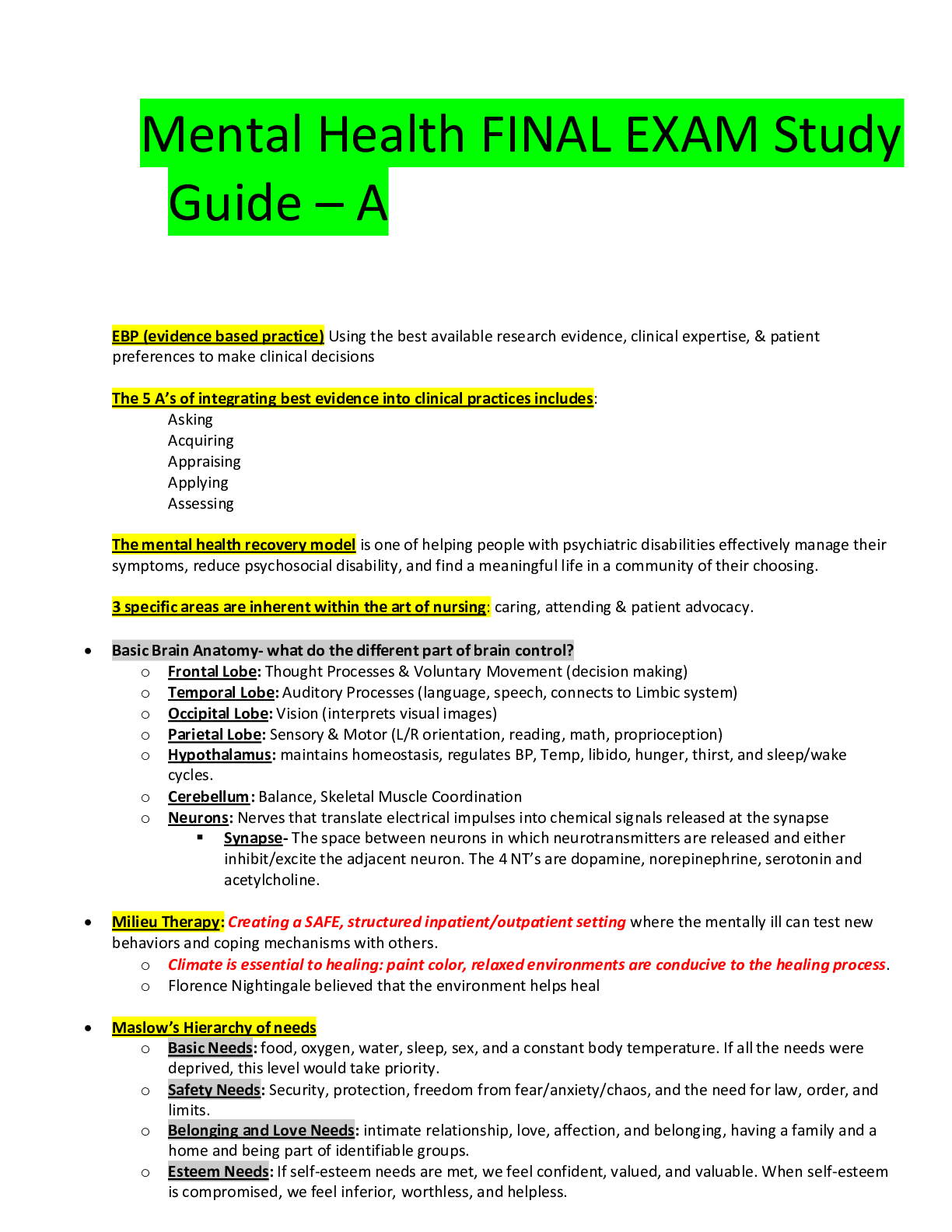 Preview image for Mental Health FINAL EXAM Study Guide – A